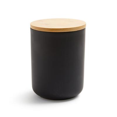 Tarro negro grande de cerámica con tapa de madera