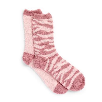 Pink Zebra Pattern Bouclé Crew Socks, 2-Pack