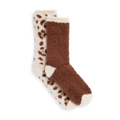 Pack de 2 pares de calcetines marrones altos de tejido rizado con estampado animal