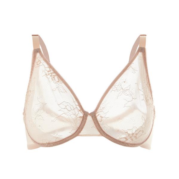 Beige Non-Padded Lace Plunge Bra D-F