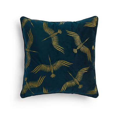 Navy And Gold Crane Embroidered Cushion