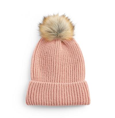 Pink Faux Fur Pompom Beanie Hat