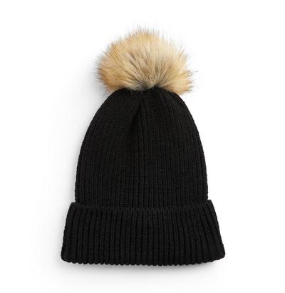 Black Faux Fur Pom Beanie Hat