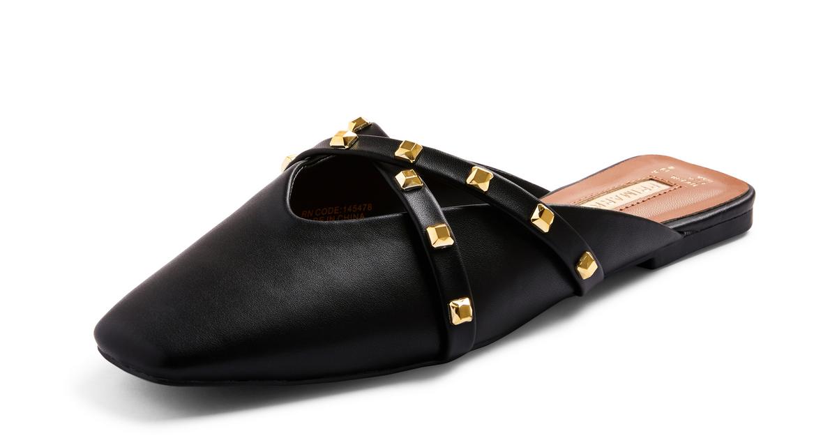 Black Studded Cross Strap Slides | Ballet Shoes, Loafers & Pumps ...