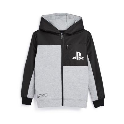 Sivi tkan panelni pulover PlayStation s kapuco in zadrgo za fante
