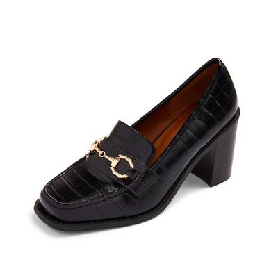 Black Faux Leather Chunky Heeled Loafers