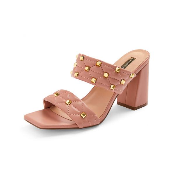Beige Studded Chunky Strap Mules
