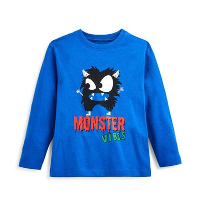 Camiseta azul de manga larga con estampado de monstruo para niño pequeño