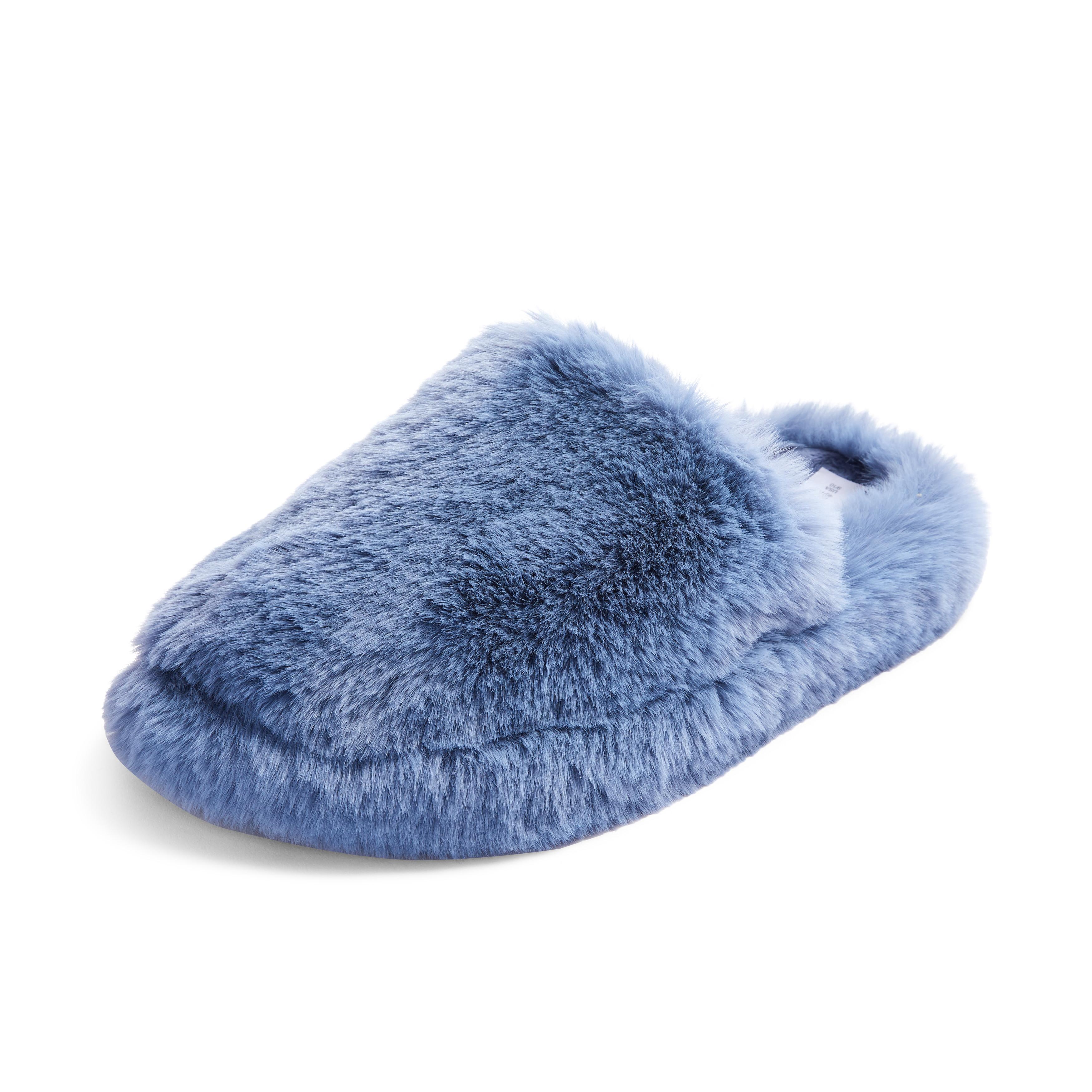 Blue Faux Fur Fluffy Mule Slippers | Women's Slippers | Women's Shoes ...