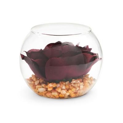 Recipiente mini de cristal con flores sintéticas