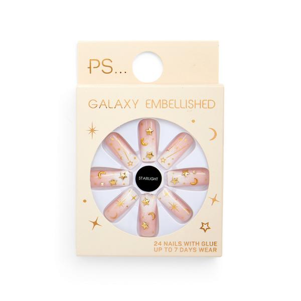 PS „Starlight Galaxy“ eckiges, glänzendes Kunstnägel-Set mit Verzierungen