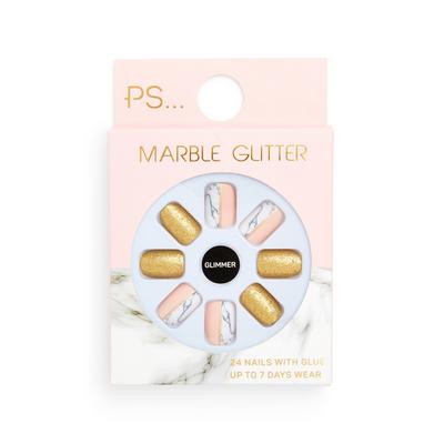 Conjunto unhas postiças quadradas mate Marble Glitter PS Glimmer