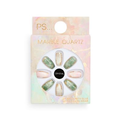 PS „Squareletto“ glänzendes Kunstnägel-Set mit Kristall- und Marmor-Design