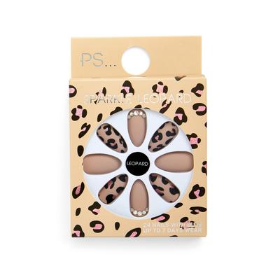 PS „Sparkle“ glänzendes, spitzes Kunstnägel-Set mit Leopardenmuster