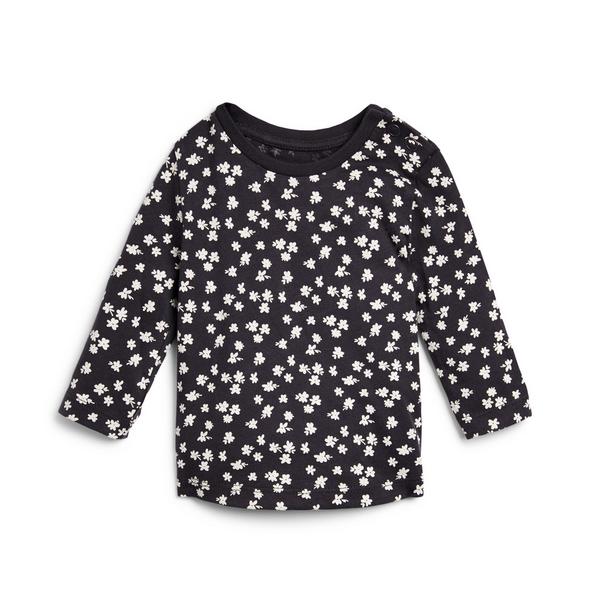 Baby Girl Charcoal Long Sleeve Flower Print T-Shirt