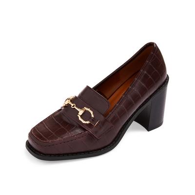 Brown Faux Leather Chunky Heeled Loafers