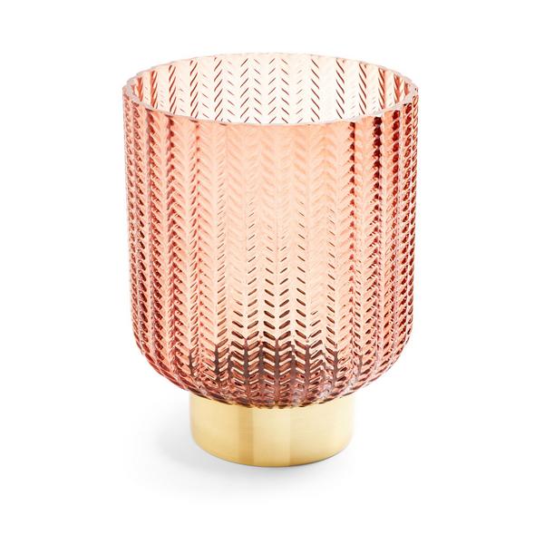 Rosafarbene, strukturierte Glasvase mit goldfarbener Basis