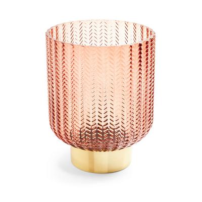 Vase rose en verre texturé avec base dorée