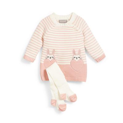 Rožnato-krem 2-delni dekliški komplet s črtasto pleteno obleko z zajčkom za dojenčke