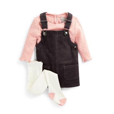 Conjunto 2 peças vestido jardineira menina bebé preto/cor-de-rosa