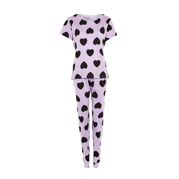 Lilac Heart Print Short Sleeve Pajama Set
