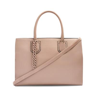 Beige Faux PU Leather Structured Tote Bag