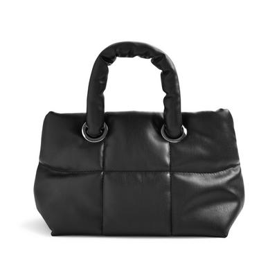 Black Faux PU Leather Grid Puffy Mini Tote Bag
