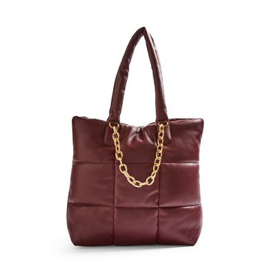 Burgundy Faux PU Leather Puffy Grid Shopper Bag