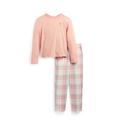 Perzikkleurige flanellen pyjamaset met top met wafelpatroon voor meisjes