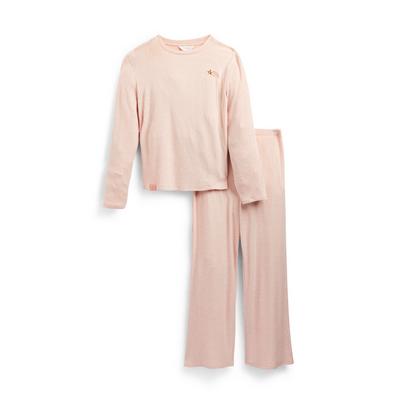 Rožnata rebrasta pižama s širokimi hlačami za starejša dekleta