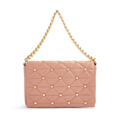 Pink Faux Leather Studded Chain Crossbody Bag