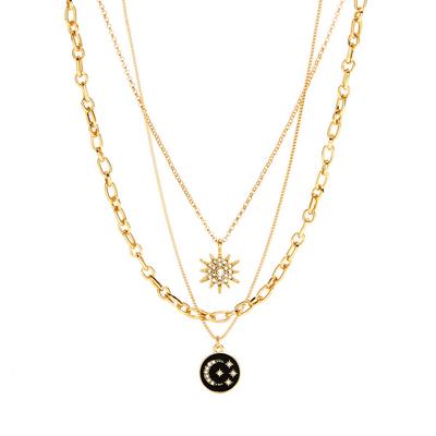 Goldtone Three Row Black Enamel Star Necklace