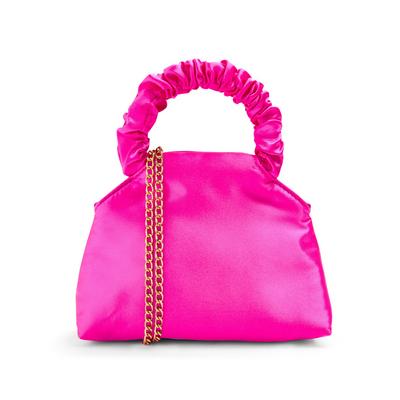 Hot Pink Satin Rouched Handle Clutch Bag
