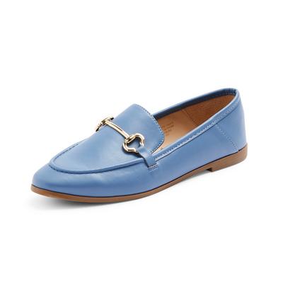 Sky Blue Faux PU Leather Gold Bar Formal Loafers