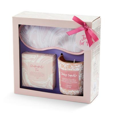 Set de productos relajantes en caja de regalo rosa