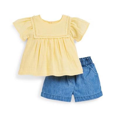 Dekliški komplet rumene bluze in kratkih hlač iz džinsa za dojenčke