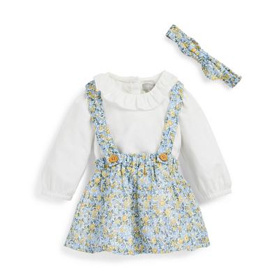 Baby Girl White Blouse With Floral Print Skirt And Headband Set