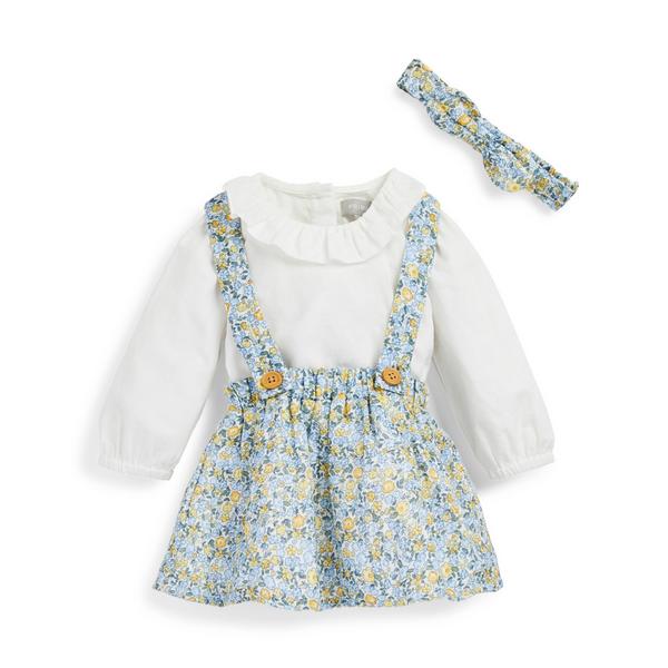 Conjunto de blusa blanca, falda con estampado de flores y diadema para bebé niña