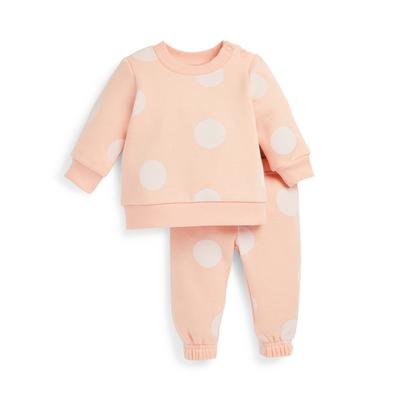 Baby Girl Peach Polka Dot Crew Neck Sweater And Jogger Set
