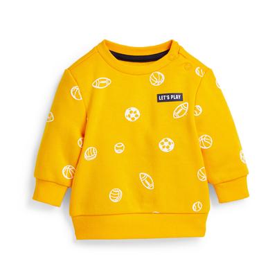 Rumen fantovski pulover z okroglim ovratnikom in športnim potiskom za dojenčke