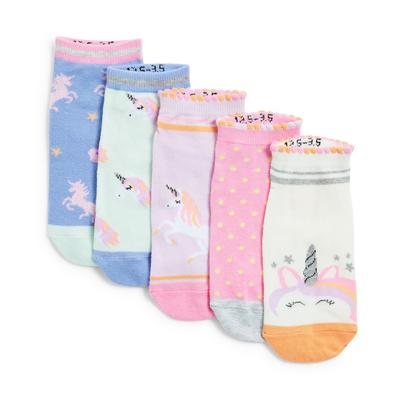 Girls Pastel Coloured Unicorn Print Trainer Socks 5 Pack