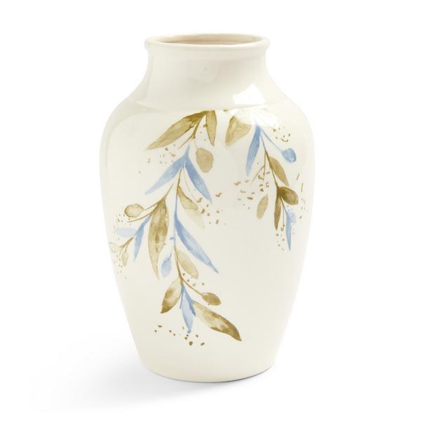 Large White Olive Leaf Print Vase