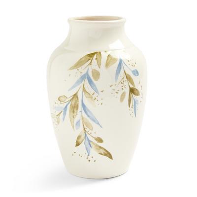 Große weiße Vase mit Olivenblätter-Print