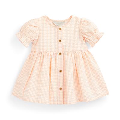 Pfirsichfarbenes Seersucker-Vichy-Kleid für Babys (M)