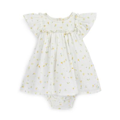Newborn Baby Girl White Floral Print Dress And Briefs Set