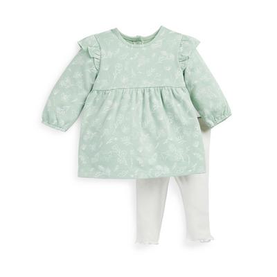 Completo con felpa verde menta e leggings a coste da neonata