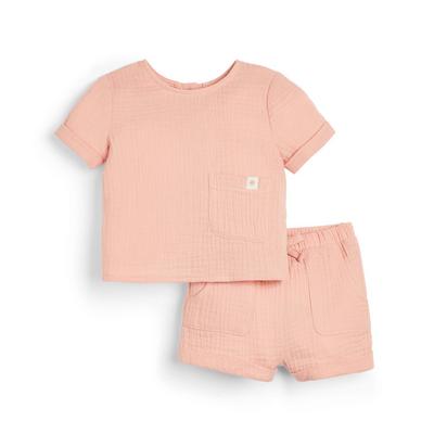 Conjunto 2 peças coordenado tecido crepe bebé cor-de-rosa