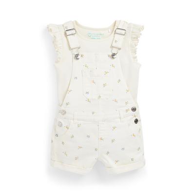 Younger Girl Ivory Floral Print Dungarees