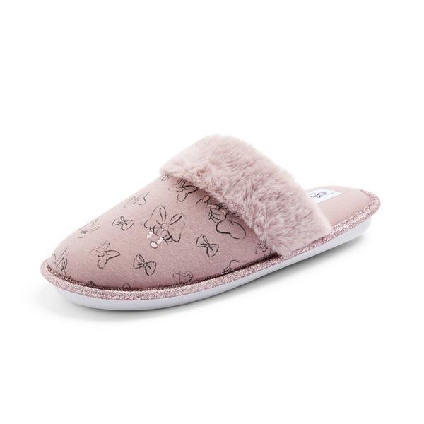 Pink Faux Fur Disney Minnie Mouse Print Slippers