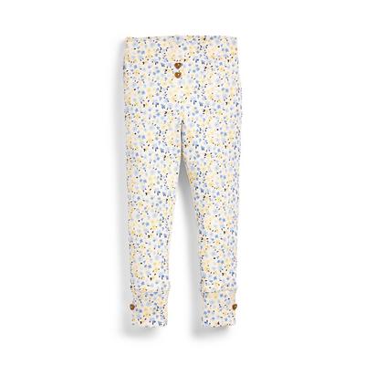 Younger Girl Yellow And Blue Flower Print Deep Cuff Leggings